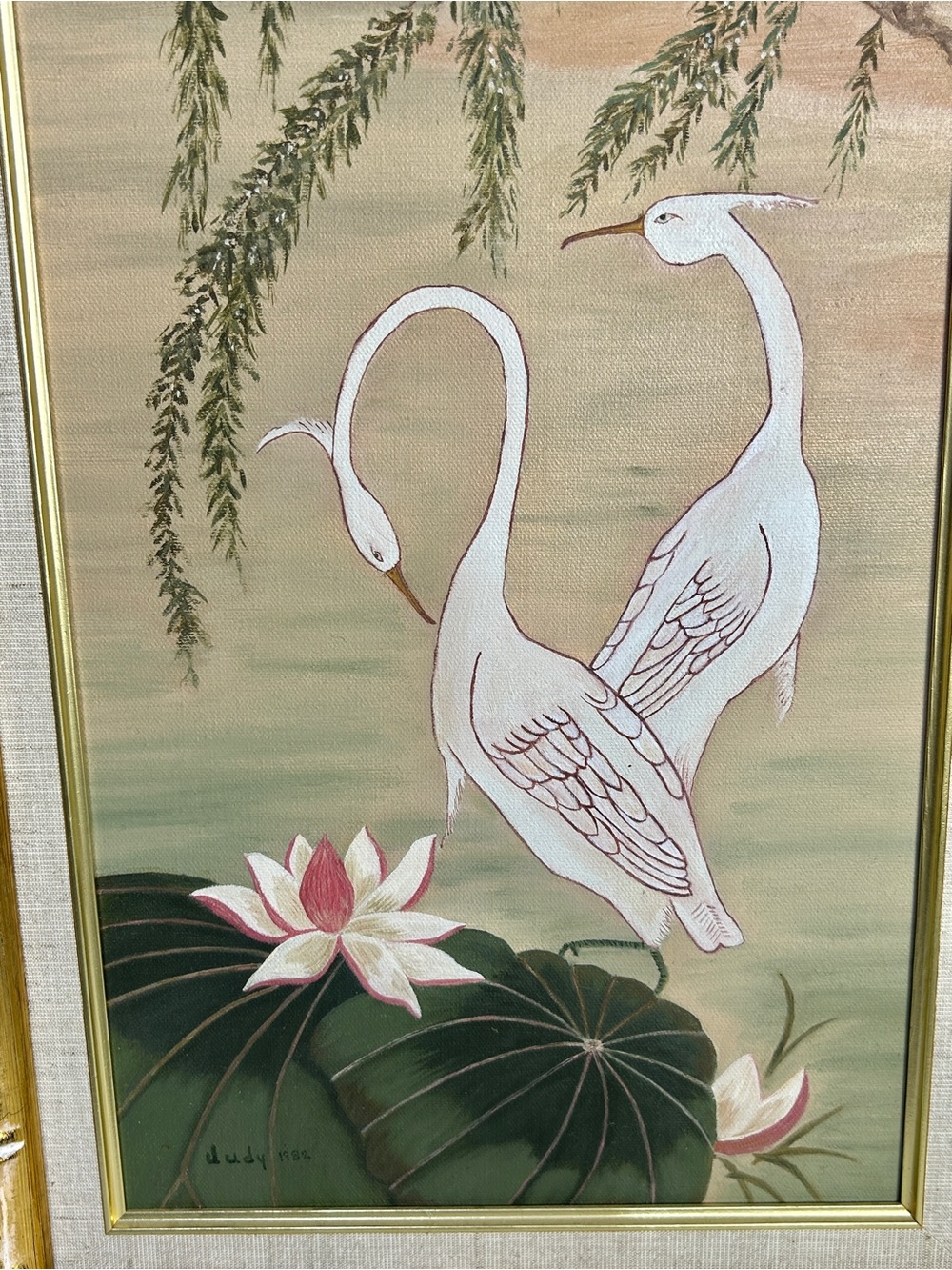 VTG Bamboo-Look Gold Framed Crane & Lotus Chinoiserie Wall Art Asian Inspired - Picture 2 of 6